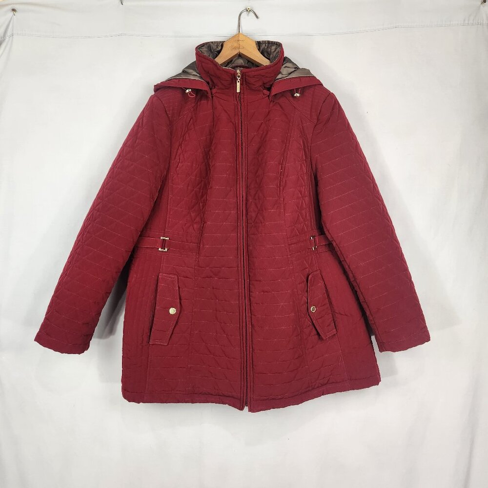 Gallery Woman Size 1X Red Quilted Coat Jacket Lined Removable Hood Zip Up
